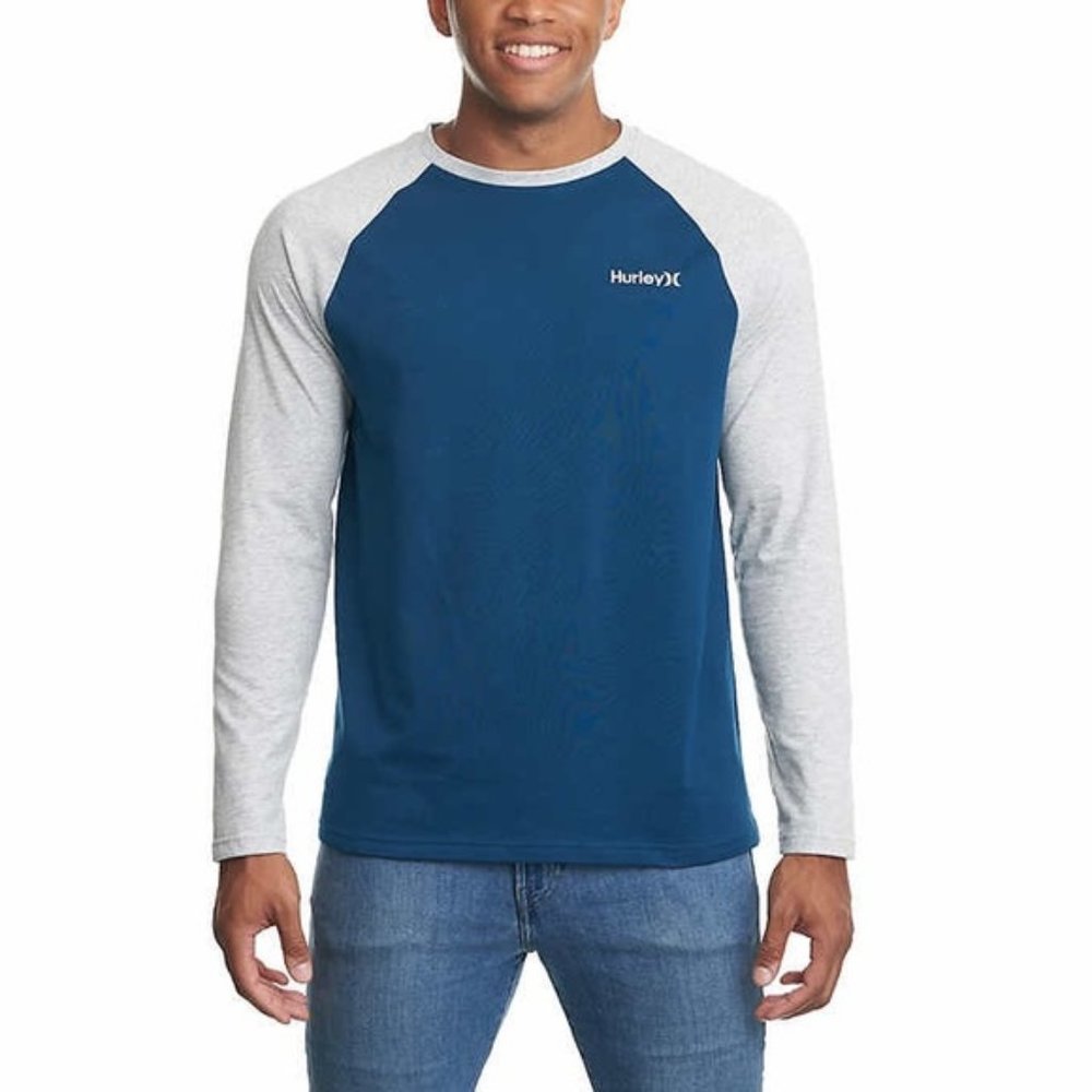NWT Hurley Men's Raglan Embroidered Logo Long Sleeve Tee T-Shirt IN BLUE
